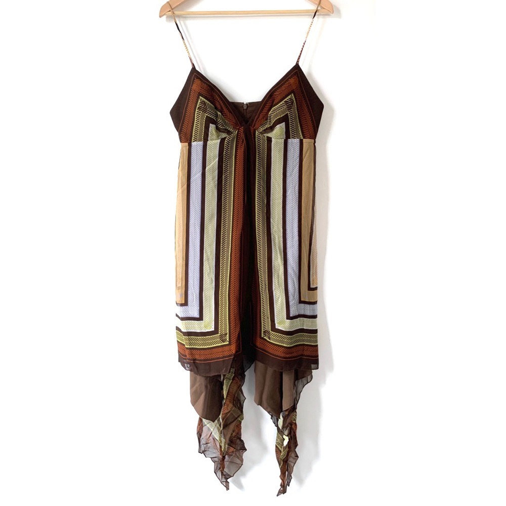 BCBGMaxAzria Brown and Olive Green High-Low Spaghetti Strap Dress